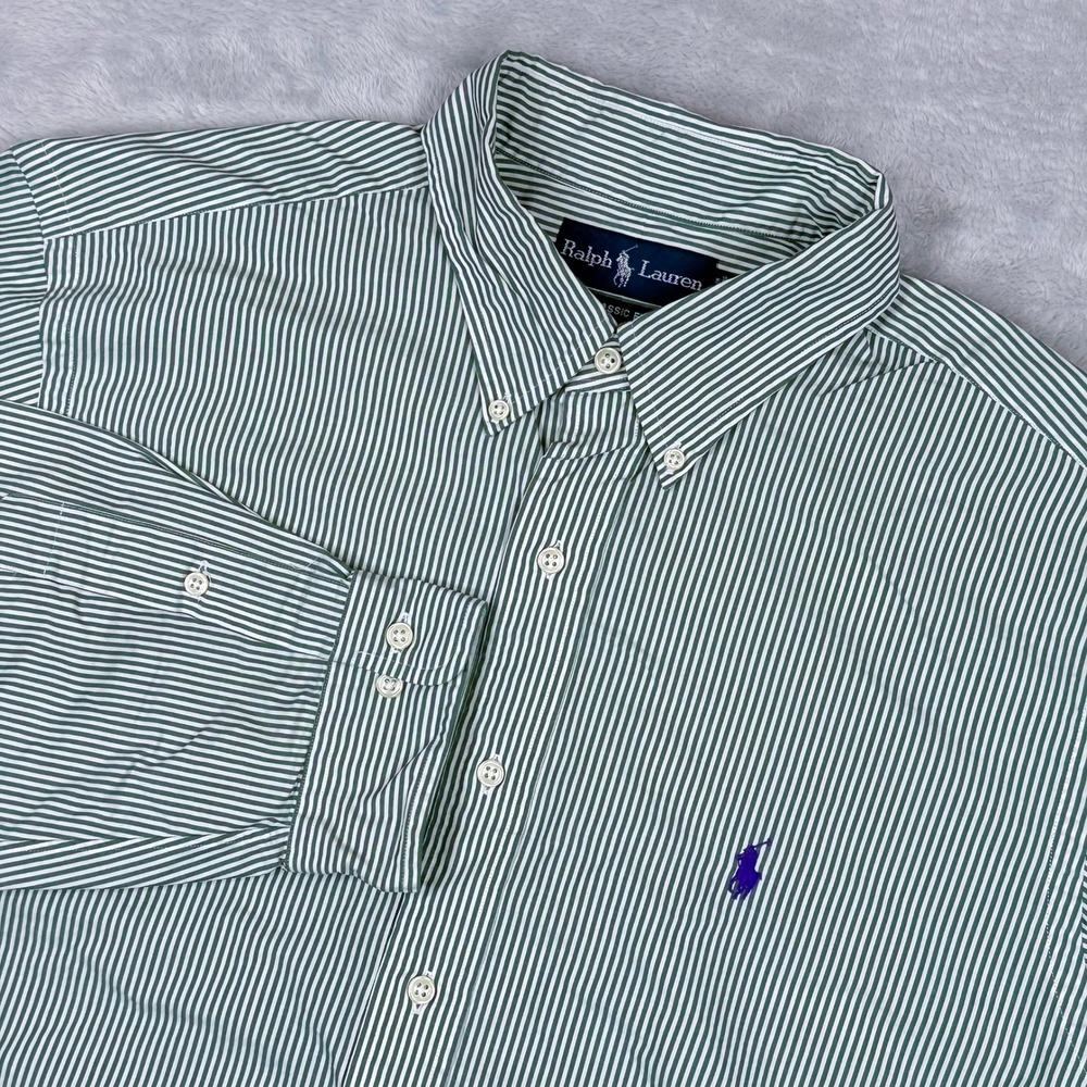 Ralph Lauren Button Down Shirt Mens 17 32/33 Green White Striped Classic Fit‎